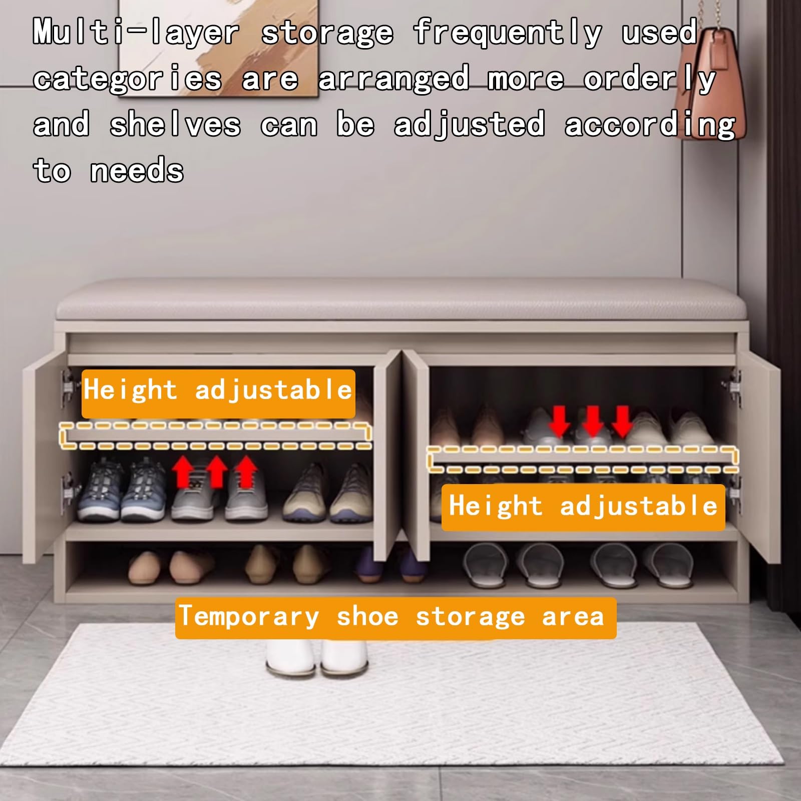 Regulowana wysokość ławka na buty z grubymi poduszkami piankowymi, ekologiczna skóra, solidne przechowywanie przy wejściu, 80 x 35 x 46 cm, stylowy organizer na buty z półkami (kawa mleczna)