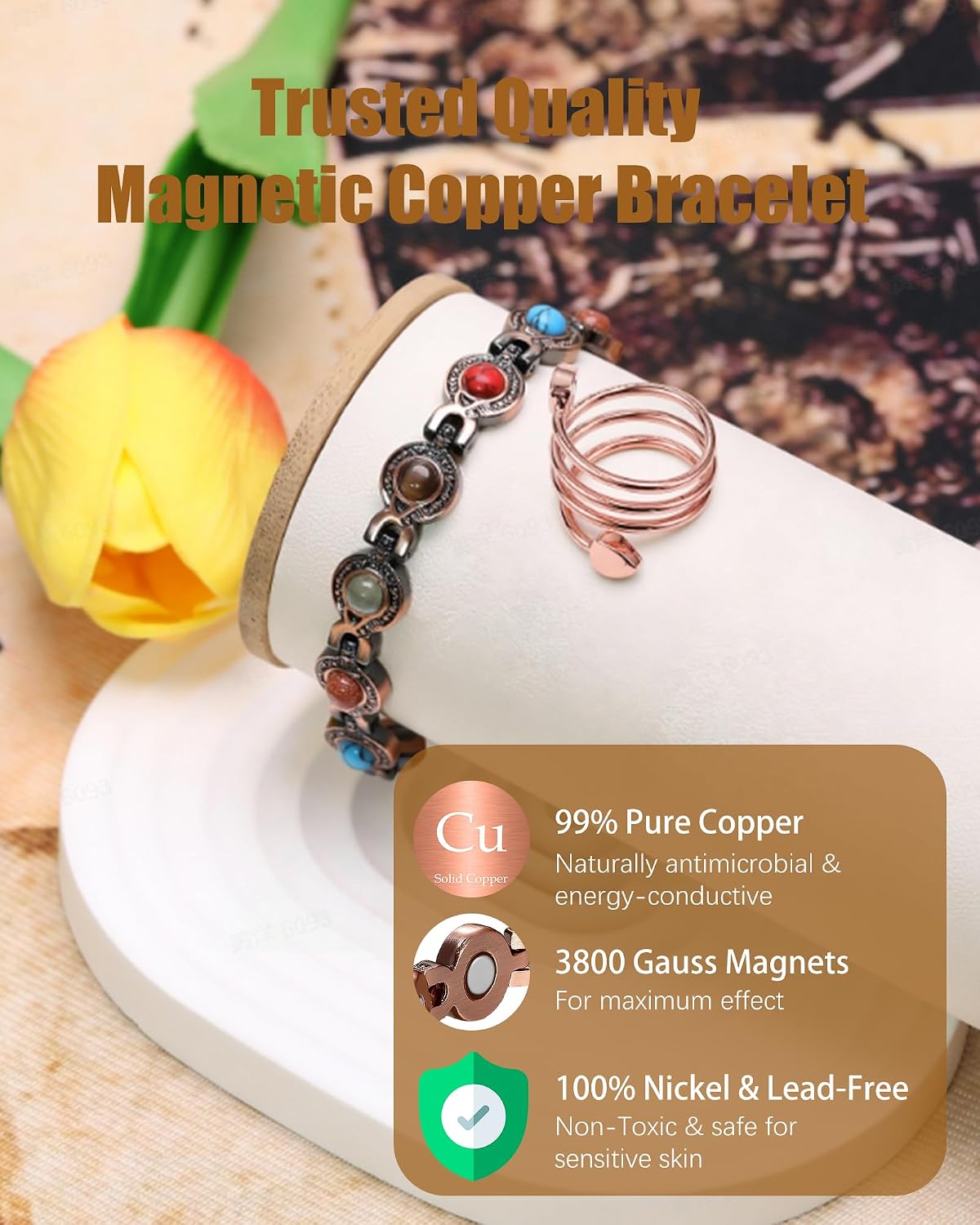 Jeracol Copper Cross Magnetic Bracelet & Ring for Women - 99.9% Solid Pure Copper Strong Magnets Jewelry Gift Adjustable Length