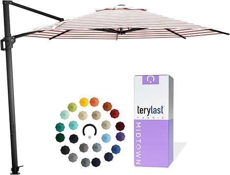 Midtown Umbrellas 10 Ft Outdoor Cantilever Patio Umbrella w/Terylast Red Stripes Fabric - Rotate Tilt 360 Offset Patio Umbrella, Deck Patio Umbrella, Backyard Umbrella & Garden Umbrella - Black Frame