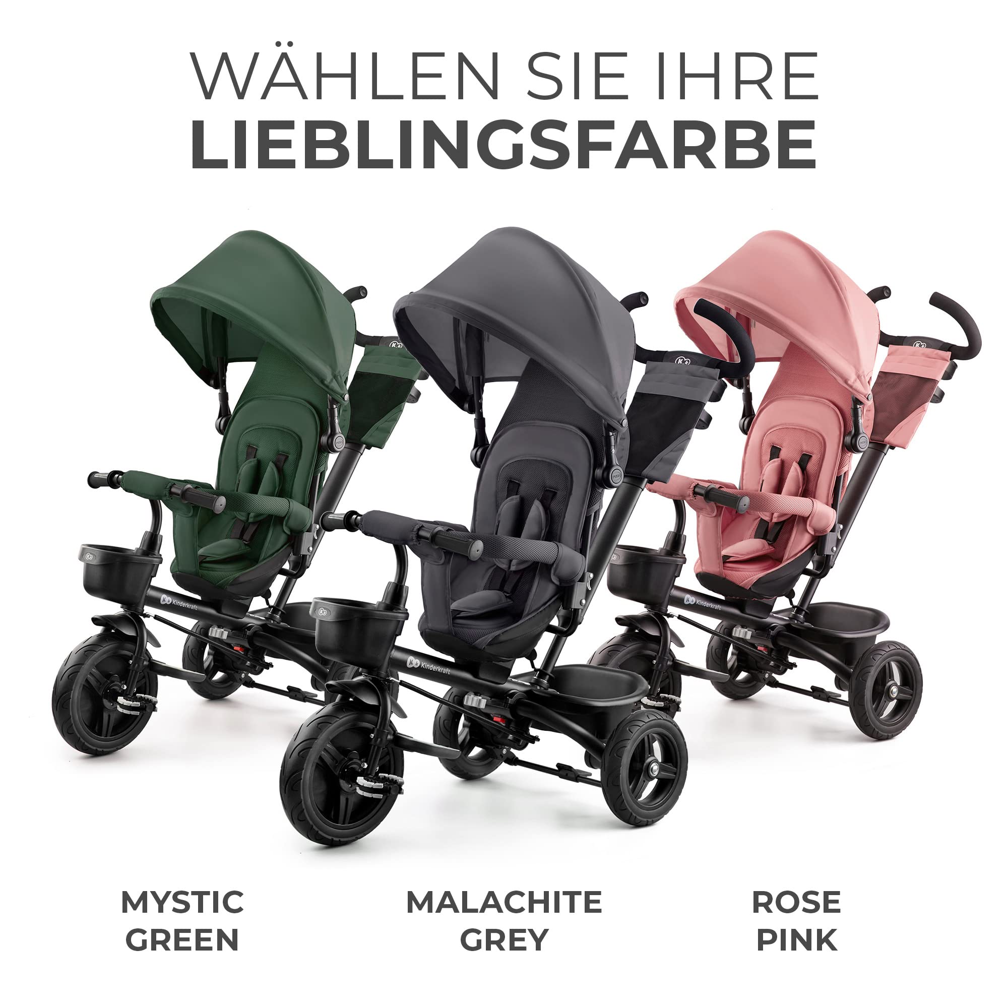 Kinderkraft Aveo Dreirad ab 9 Monaten bis 25 kg, Kinderdreirad mit Schubstange, kompakt zusammenklappbar, drehbarer Sitz, ausklappbares Verdeck mit Sonnenschutz, inkl. Getränkehalter und Korb, Grau