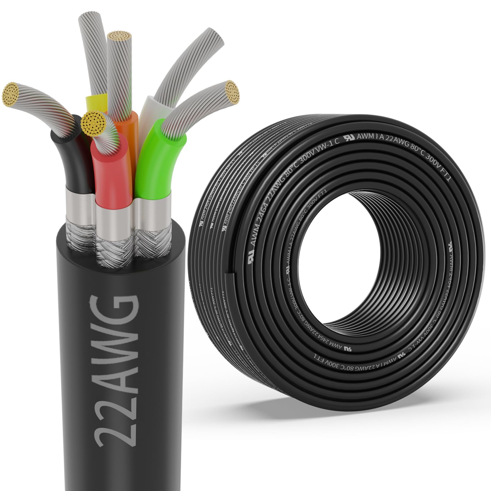 22 Gauge 6 Conductor Shielded Wire 50FT, UL2464 22 AWG 6 Core Cable Tinned Copper Stranded 22/6 CNC Wire for CNC VFD Spindle, Stepper Motor, 3D