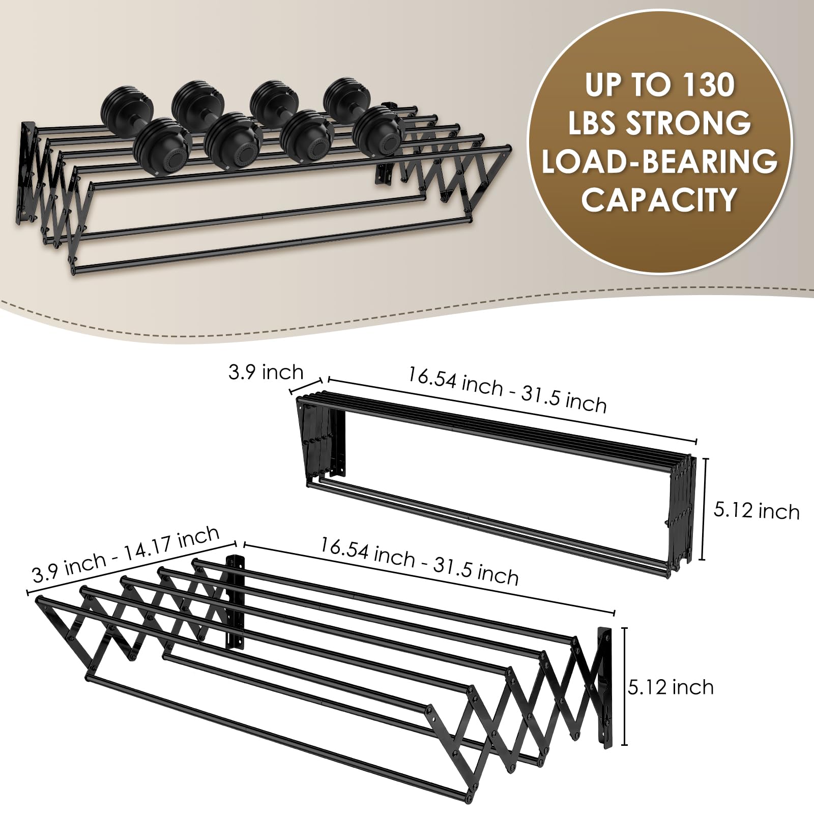 XL-31.5 pulgadas - Estante de secado de ropa montado en la pared, 130 libras, gran capacidad, a prueba de óxido, plegable, fácil de instalar con 7 varillas de secado, toallero de ahorro de espacio 2