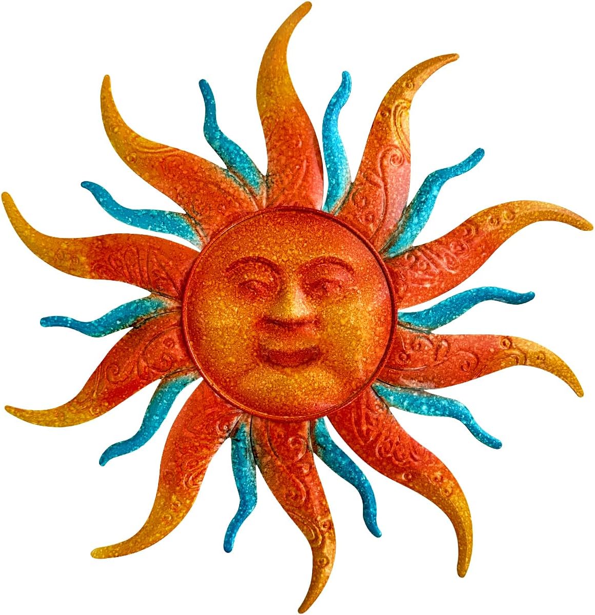 EOORAU Metal Sun Wall Art Decor, Sun Face Garden Sculptures Statues Wall Art Decorations for Indoor and Outdoor, Room Garden Porch Fence Balcony Patio Decor (Orange&Blue, 23.6inch/60cm)