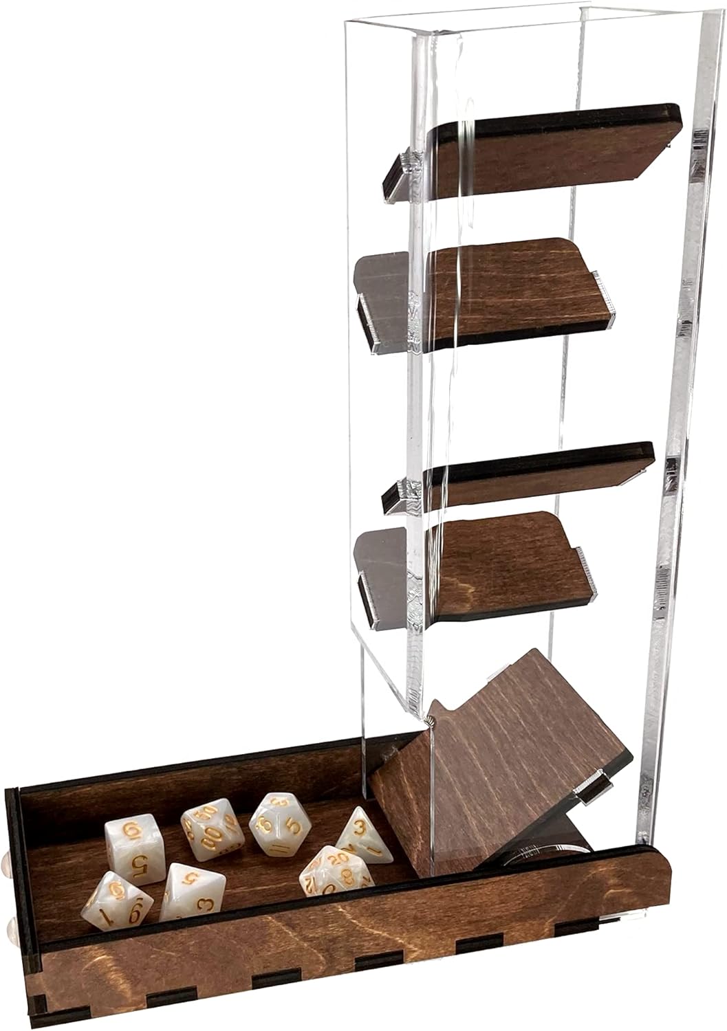 C4Labs Dice Tower & Tray | Clear with Wooden Paddles | Watch The Dice Decide (Walnut)