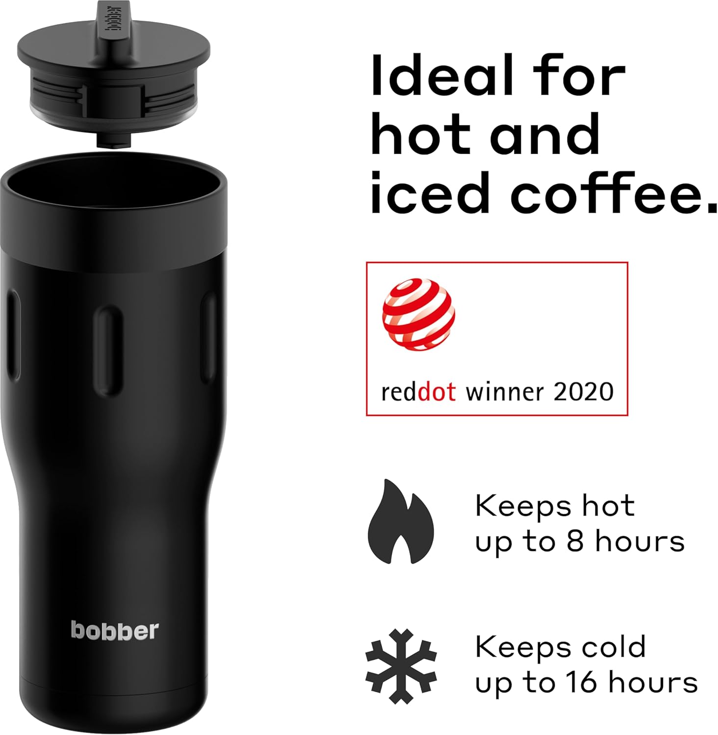 BOBBER - 16 Oz Vacuum Insulated Stainless Steel Portable Travel Coffee Mug With 100% Leakproof Locked Lid (Black Coffee)