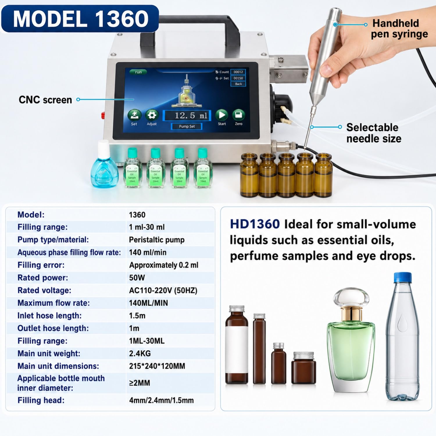 Macchina riempitrice automatica per liquidi,con pompa peristaltica HD1360 | Macchina riempitrice per bottiglie,capacità da 1ml a 100ml, per oli essenziali,profumi.