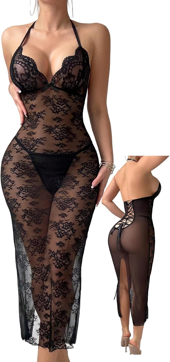 JasmyGirls Women Sexy Floral Lace Nightgown Halter Backless Dress Low Cut Open Back Dresses