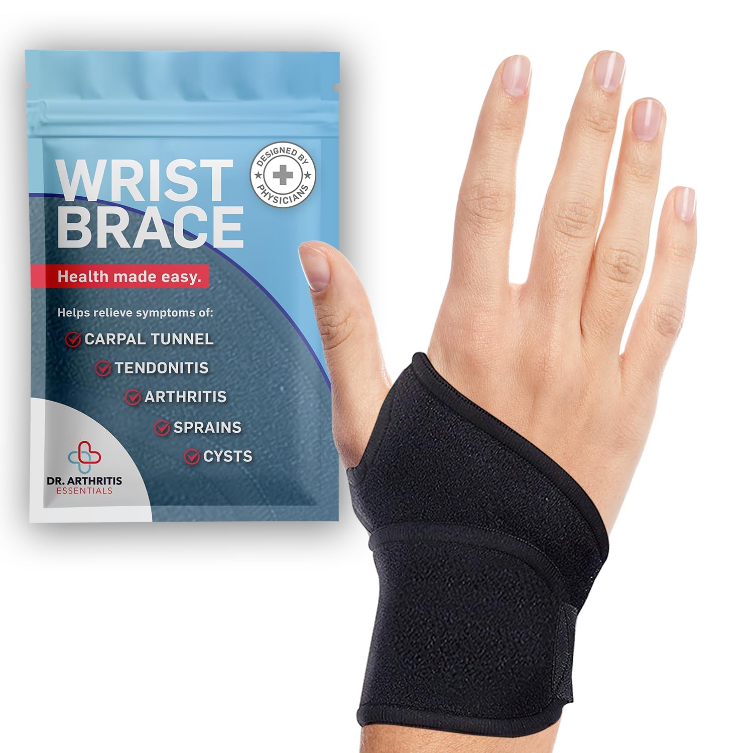 Dr. Arthritis Essentials Wrist Brace for Support & Pain Relief – Adjustable Wrist Wraps for Stability & Comfort – Ideal for Recovery, Work, Sports, and Everyday Use (Black Single)