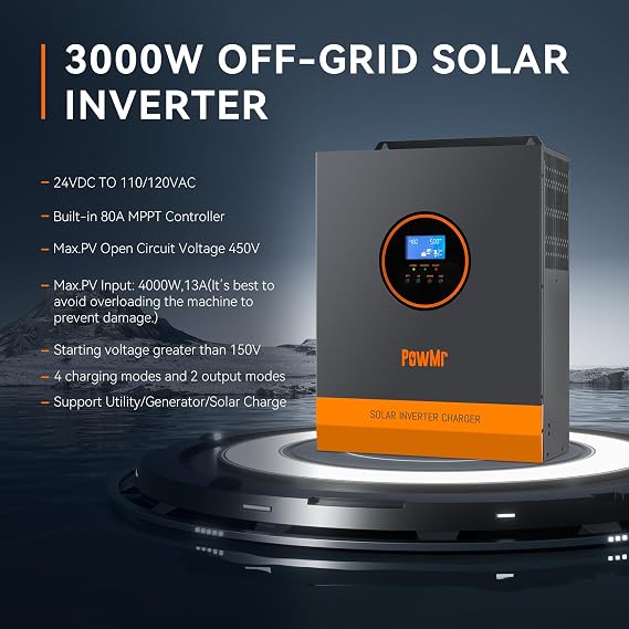 PowMr 3000W Solar Inverter, 24V to 110/120Vac, Pure Sine Wave Power Inverter 3000 watt Max.PV Input 4000W 450V 13A, Built-in 80A MPPT Controller and fit for 24V Lead-Acid and Lithium Battery