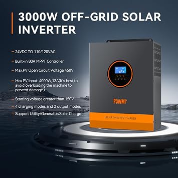 PowMr 3000W Solar Inverter, 24V to 110/120Vac, Pure Sine Wave Power Inverter 3000 watt Max.PV Input 4000W 450V 13A, Built-in 80A MPPT Controller and fit for 24V Lead-Acid and Lithium Battery