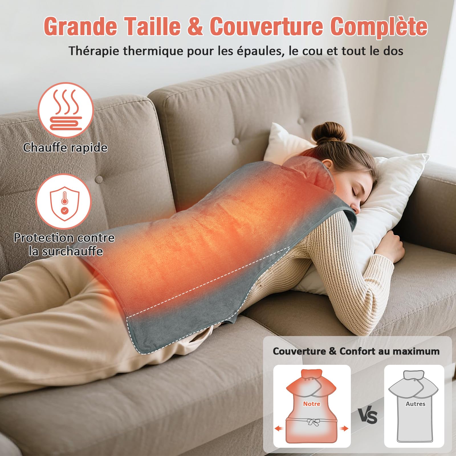 MYCARBON Coussin Chauffant Électrique pour Dos Épaules Nuque Coussin Chauffant Cervicales 60x100cm Arrêt Automatique 6 Températures 4 Timer avec Contrôleur Chauffage Rapide Lavable en Machine, Gris