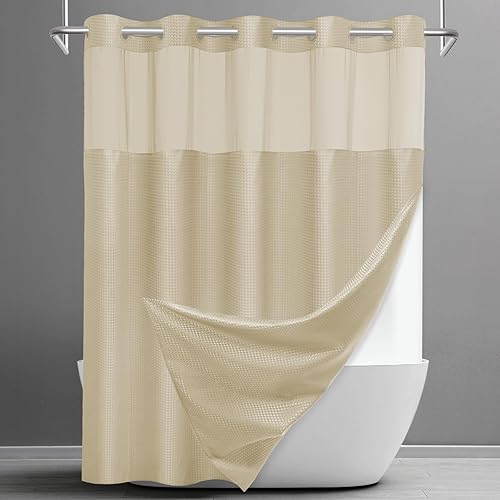 Miniatura 16 de Cortina de ducha sin gancho con forro a presión, cortina de ducha de gofre para baño, tela estilo hotel, forro interior impermeable, 71 pulgadas de