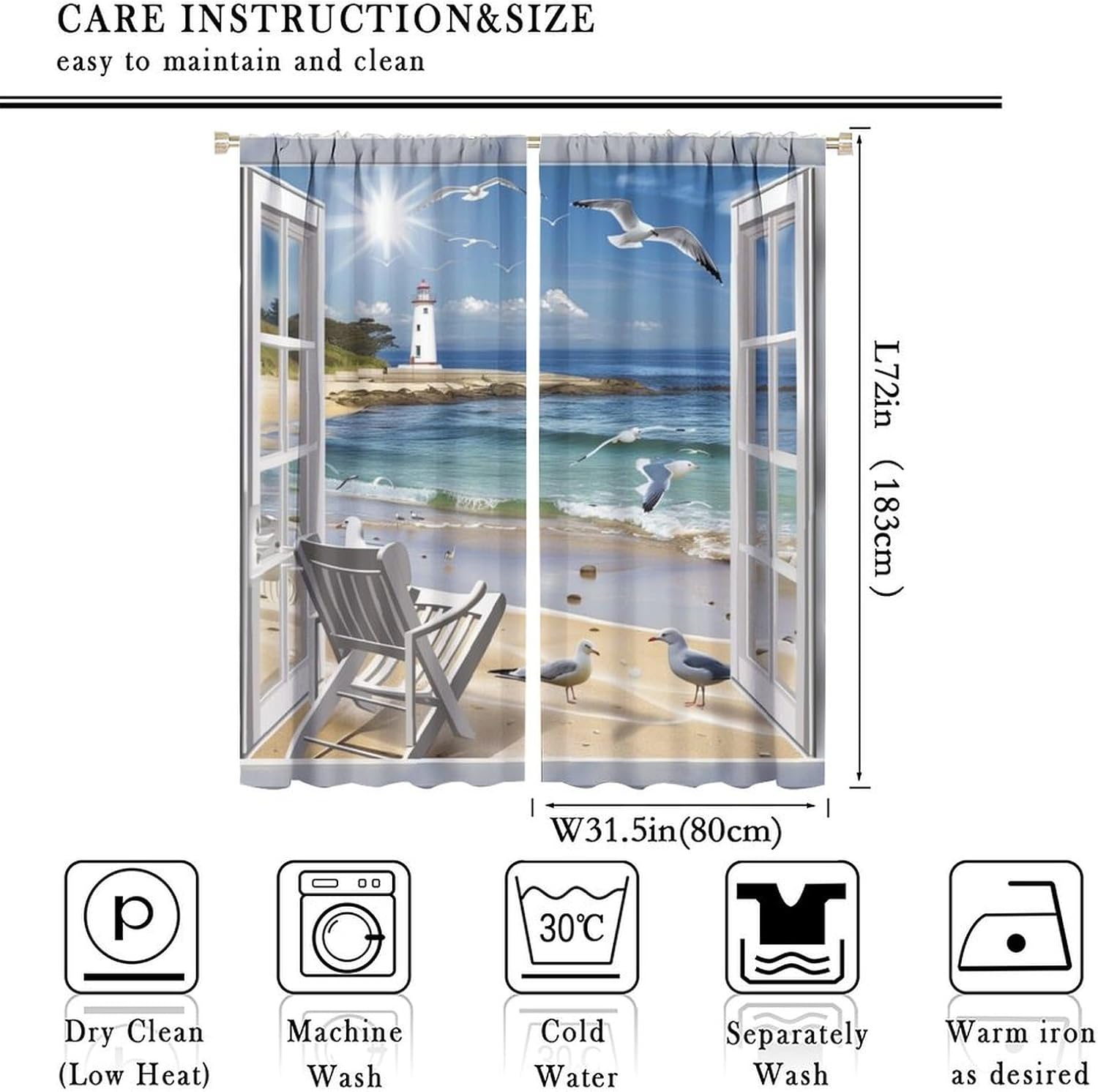 Colorful Beach Blackout Curtains for Bedroom Living Room, Rod Pocket Window Scenery Lighthouse Curtains Thermal Insulated Window Drapes 2 Panels, Each 31.5W x 72L