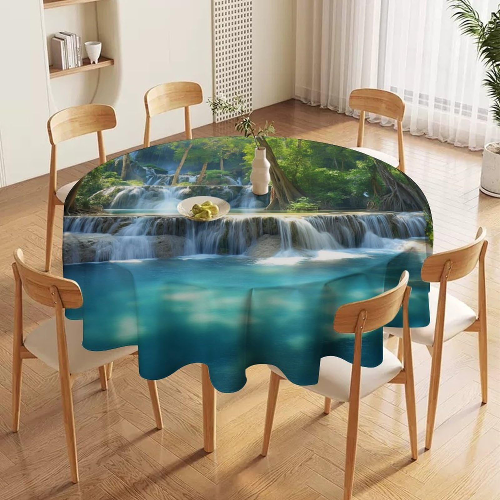 ORDOBO 3D Print Round Tablecloth - Waterfall Scenery Round Countertop Decoration Cover Waterproof Wipeable Dust-Proof For Kitchen Dining Home 152X152Cm