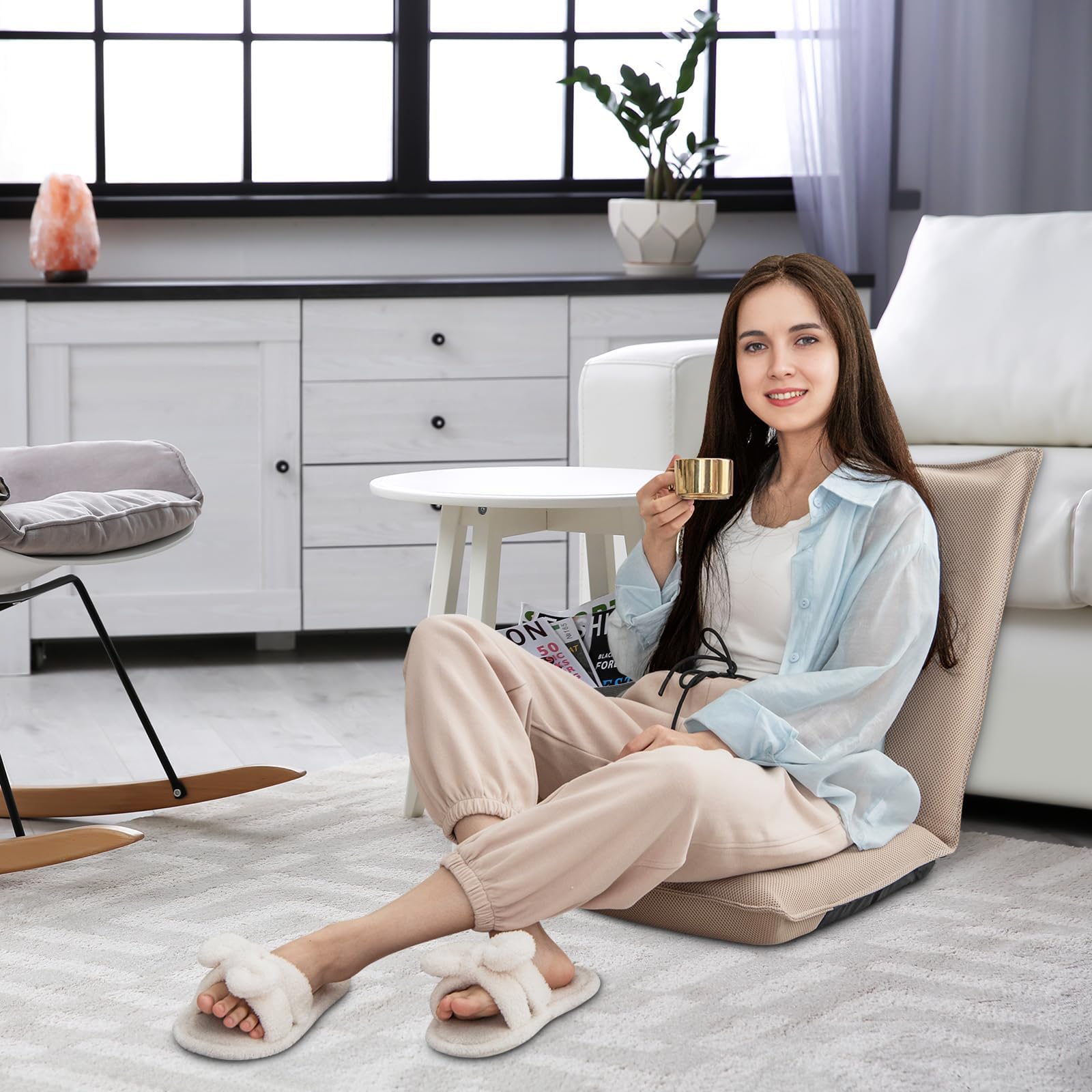 FANTASK Silla de Suelo con Respaldo Ajustable de 6 Niveles, Acolchado, para meditación, para meditación, Color Beige