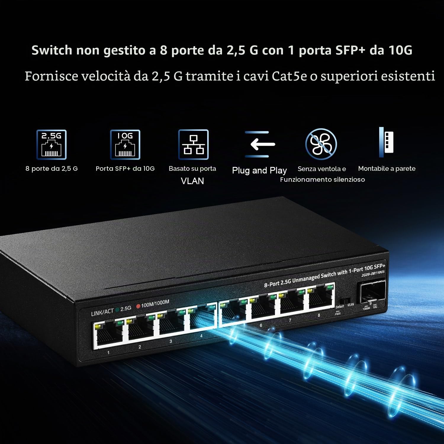 Binardat Switch 8 porte 2,5G con porta SFP+ 10G, 8 porte RJ-45 Base-T da 2,5 Gigabit, switch Ethernet desktop multi-Gigabit non gestito