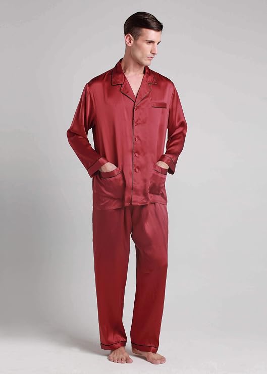 LilySilk Silk Pajamas for Men Long Sleeve Lounge Soft Comfortable Contrast Trim 100% Silk