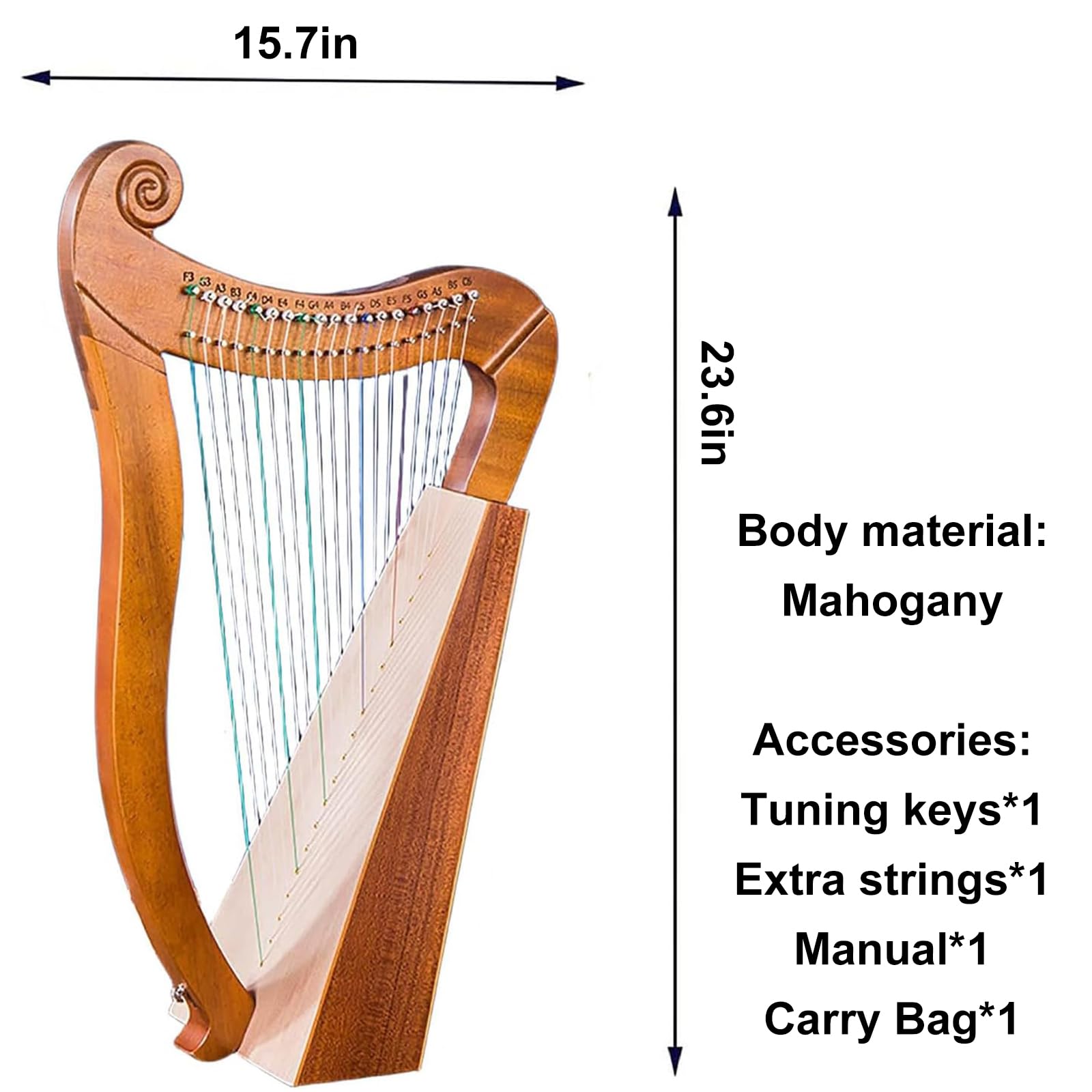 Arpa Celtica Irlandese, Arpa a Leva in Mogano a 19 Corde, Arpa a Lira in Mogano a 3 Fori con Chiave per Accordatura E Custodia Nera, Strumento Musicale di Risonanza, per Amanti della Musica