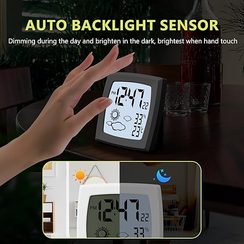 Miniatura 10 de VOILEIPAGI Reloj despertador de viaje con retroiluminación automática, despertador alimentado por batería, temperatura y humedad, segunda, fecha,