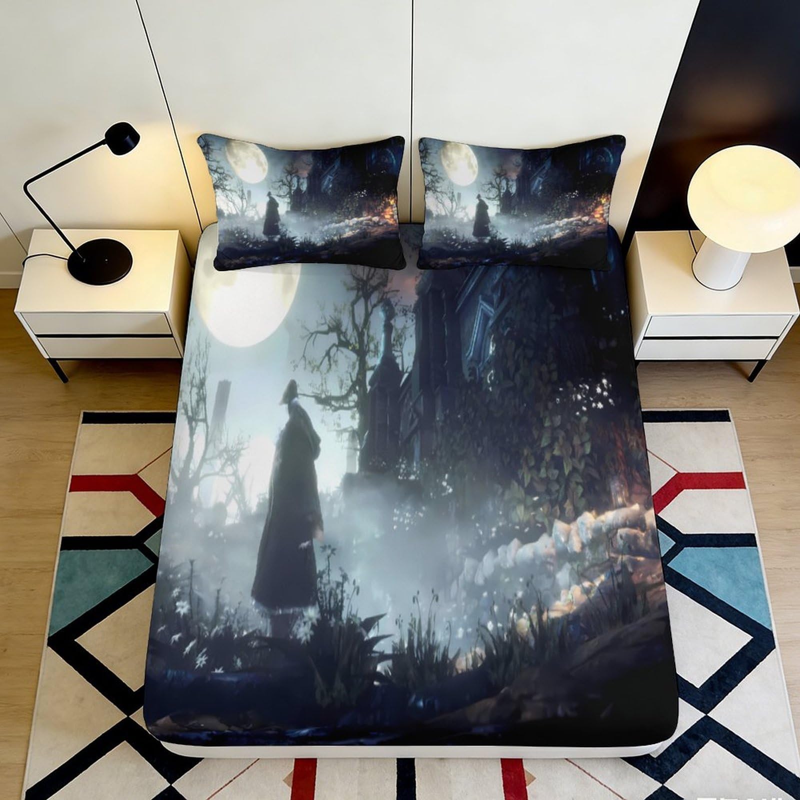 3D Printed Night Forest Fitted Sheet Microfiber Deep Pocket Bedding Set Night Scene Mattress Fitted Cover Non-Slip Full Wrap Washable 180x200x25cm