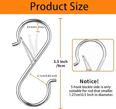 12 PCS S Hooks for Hanging with Safety Buckle, Metal S Shaped Hooks Fit for 0.5 Inch Rod Diamater, for Kitchen Utensil, Cups, Pots, Plants, Bags, Hats (Silver)