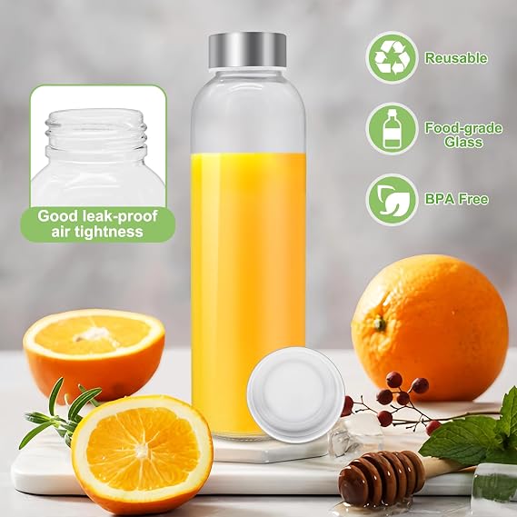 Glass Bottles with Lids, 500ml Glass Water Bottle, 3 Pcs Glass Milk Bottles with Lids, Clear Glass Drinking Bottles for Water, Milk, Juice and Smoothies