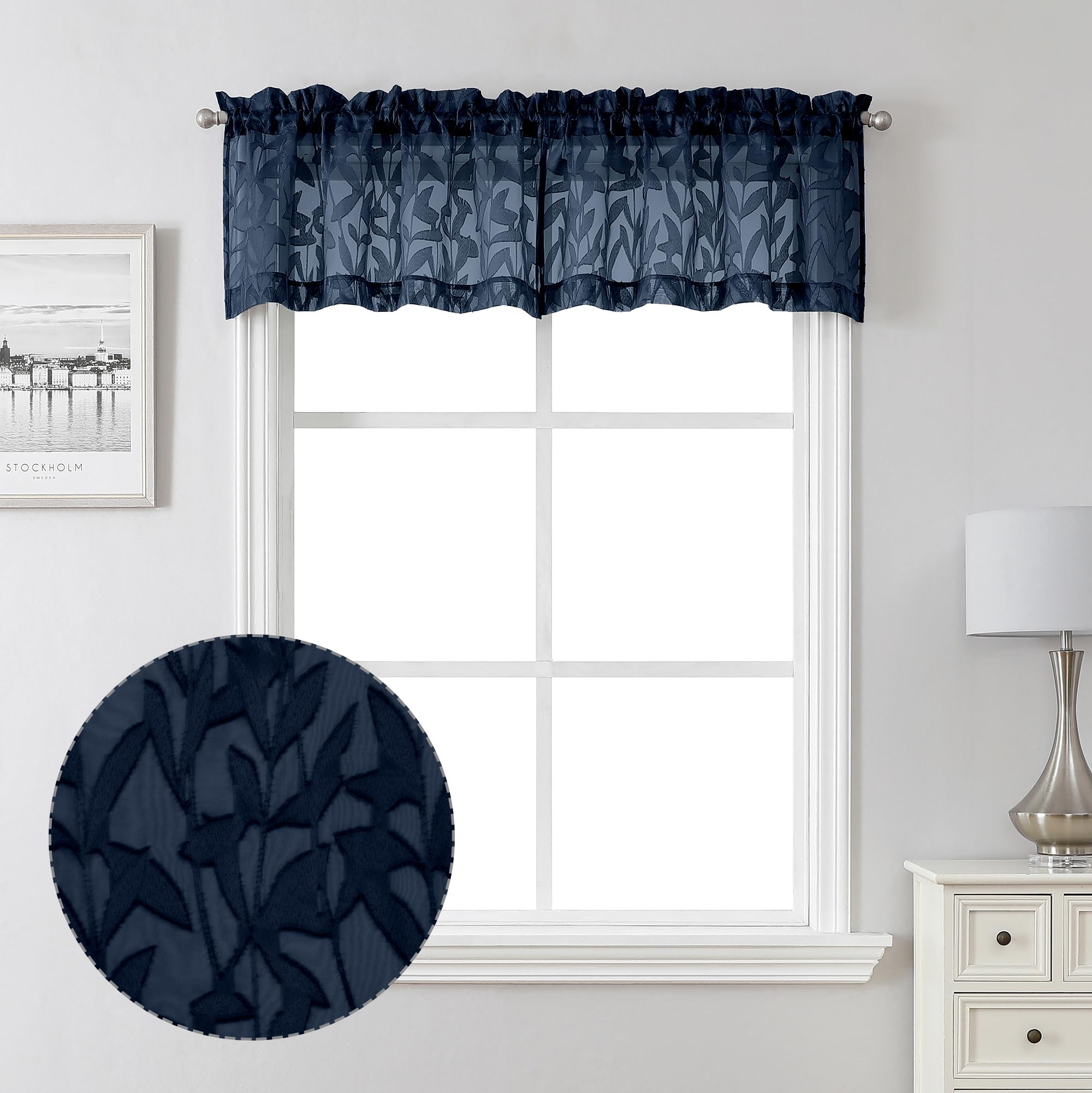 Lecloud Leia Jacquard Textured Navy Blue Sheer Valances for Windows 14 Inch Length 2 PCS, Dual Rod Pockets Clip Leaf Voile Curtains for Living Room/