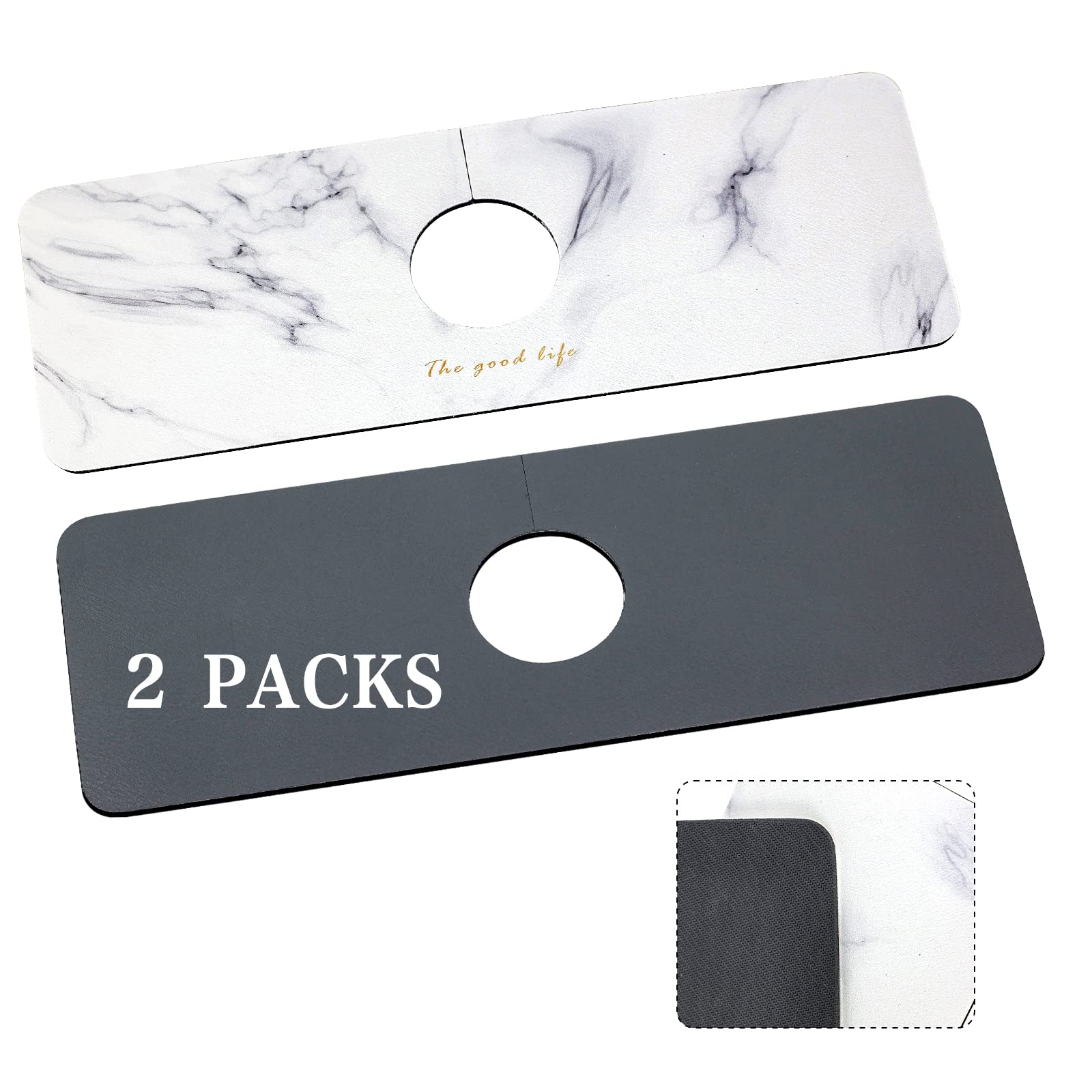 GEEKSDOM Faucet Splash Guard: 2 Pack Thick Silicone Faucet Absorbent Mat- Kitchen Faucet Splash Guard Drip Catcher- Drying Pad for Counter Bathroom Bar RV 15 inch- Grey+Marble White