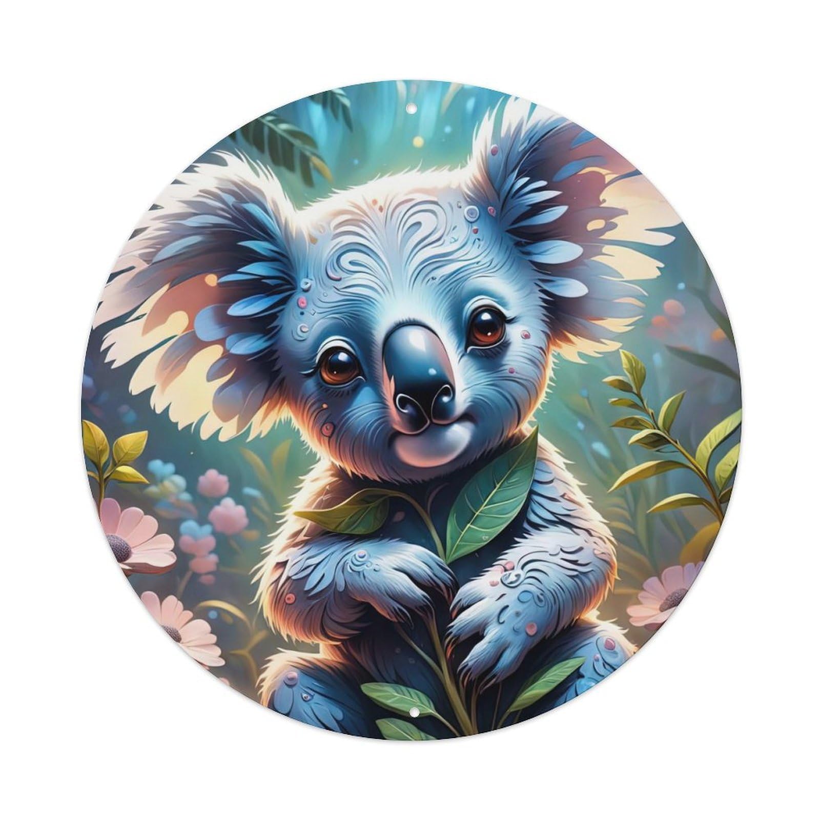 Wildlife Artwork Poster Koala in The Forest Vintage Metal Tin Sign Plaque Wall Decor for Cafe, Club, Garden Round Metal Poster 8x8Inch