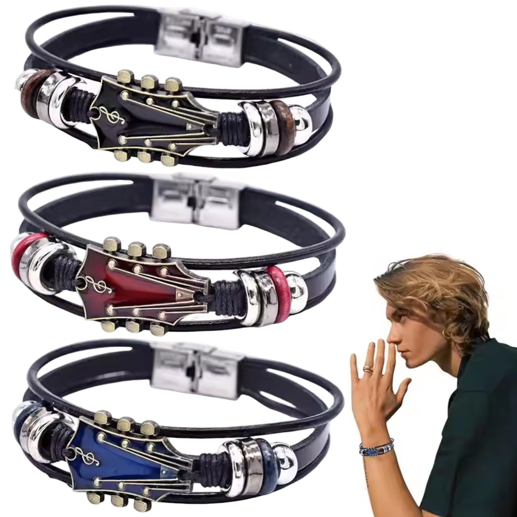 Guitar Bracelet Guitar Bracelet for Men 3Pcs Black, Red & Blue Leather for Men with Alloy Head Adjustable Braided Daily/Performance Wrist Jewelry