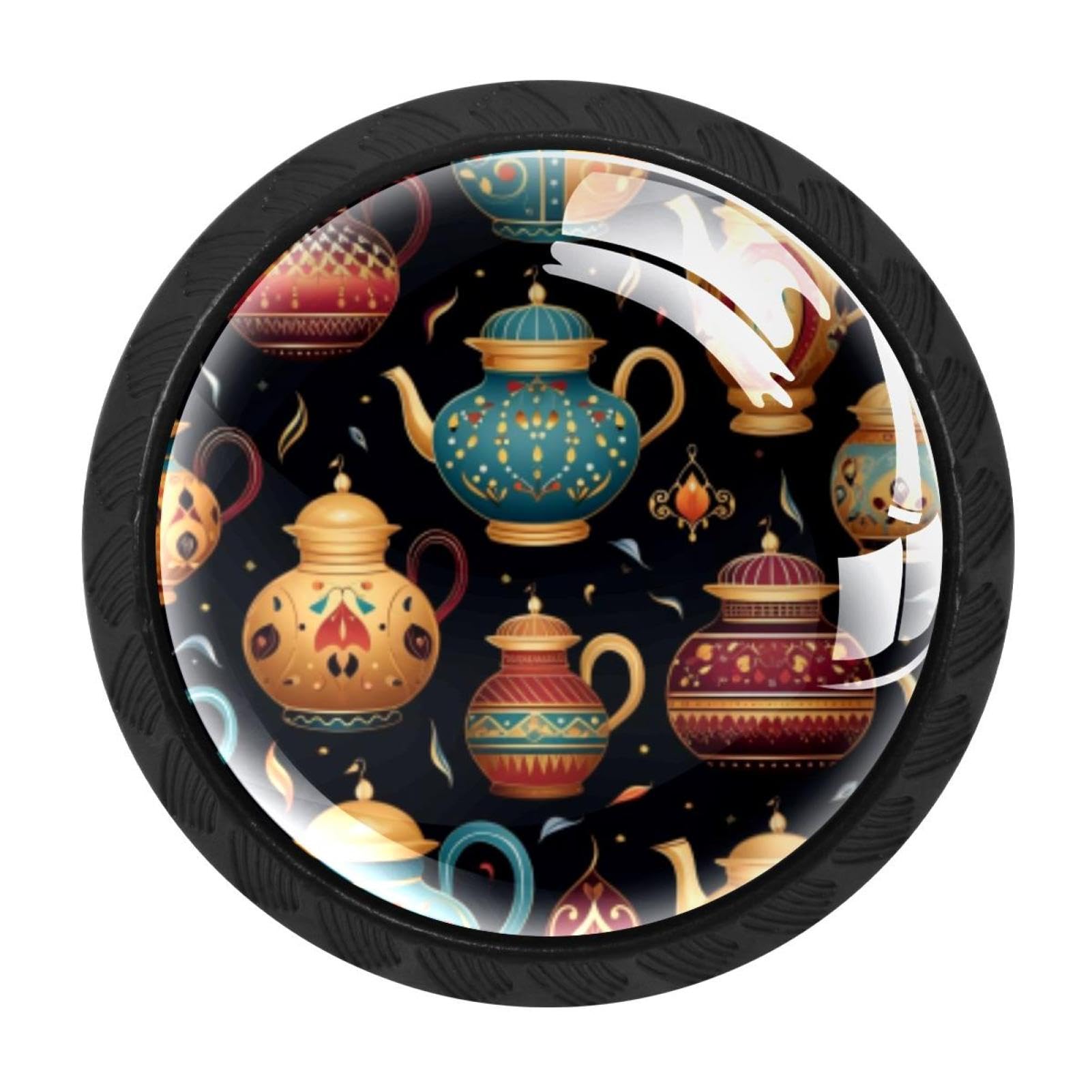 CHENZZZZ 4pcs Round Cabinet Knobs for Home Wardrobe Office Kitchen Dresser and Cupboard Cute Arabian Tea Kettle DIY Glass Drawer Pull Handle with Screws