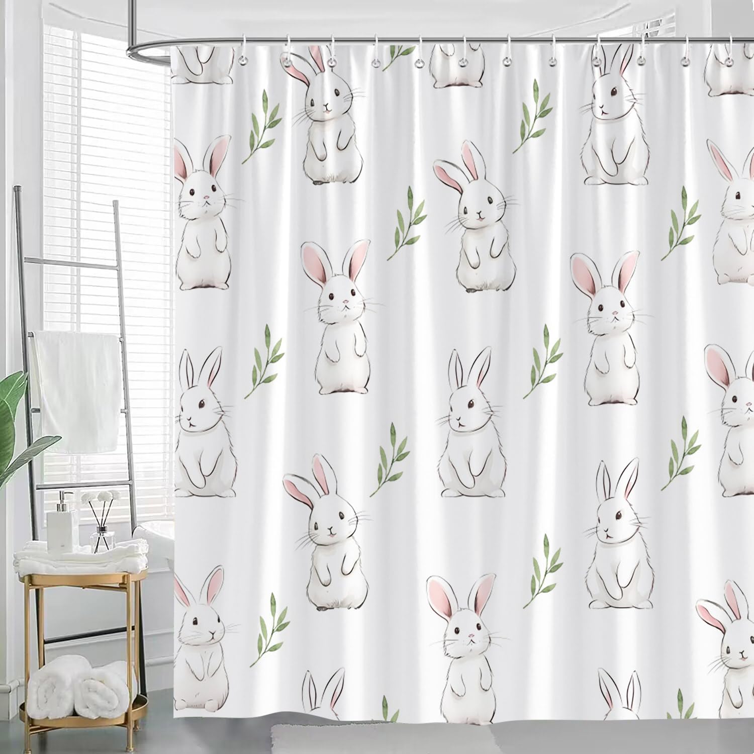 Rabbit Shower Curtain for Bathroom Easter Bunny Farm Cartoon Animals Rustic Spring Plants Green Leaves Cute Wildlife Bathroom Decor Curtains 94x70 inch with Hook