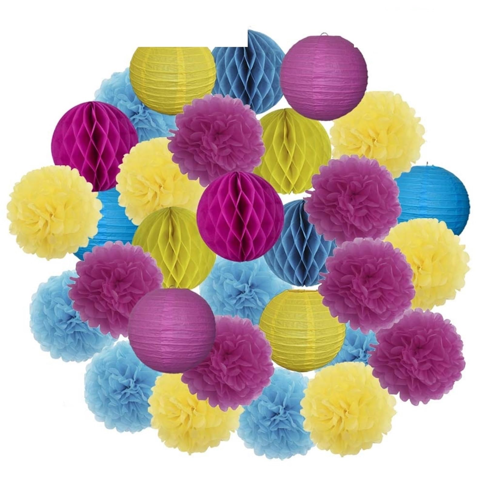 Pon Pon Carta Velina Lanterna di carta blu e bianca da 30 pezzi, decorazione for feste, 6", 8", 10", 12", bomboniera for compleanno, pompon in tessuto appendere(Rose Blue Yellow,12inch 30cm)