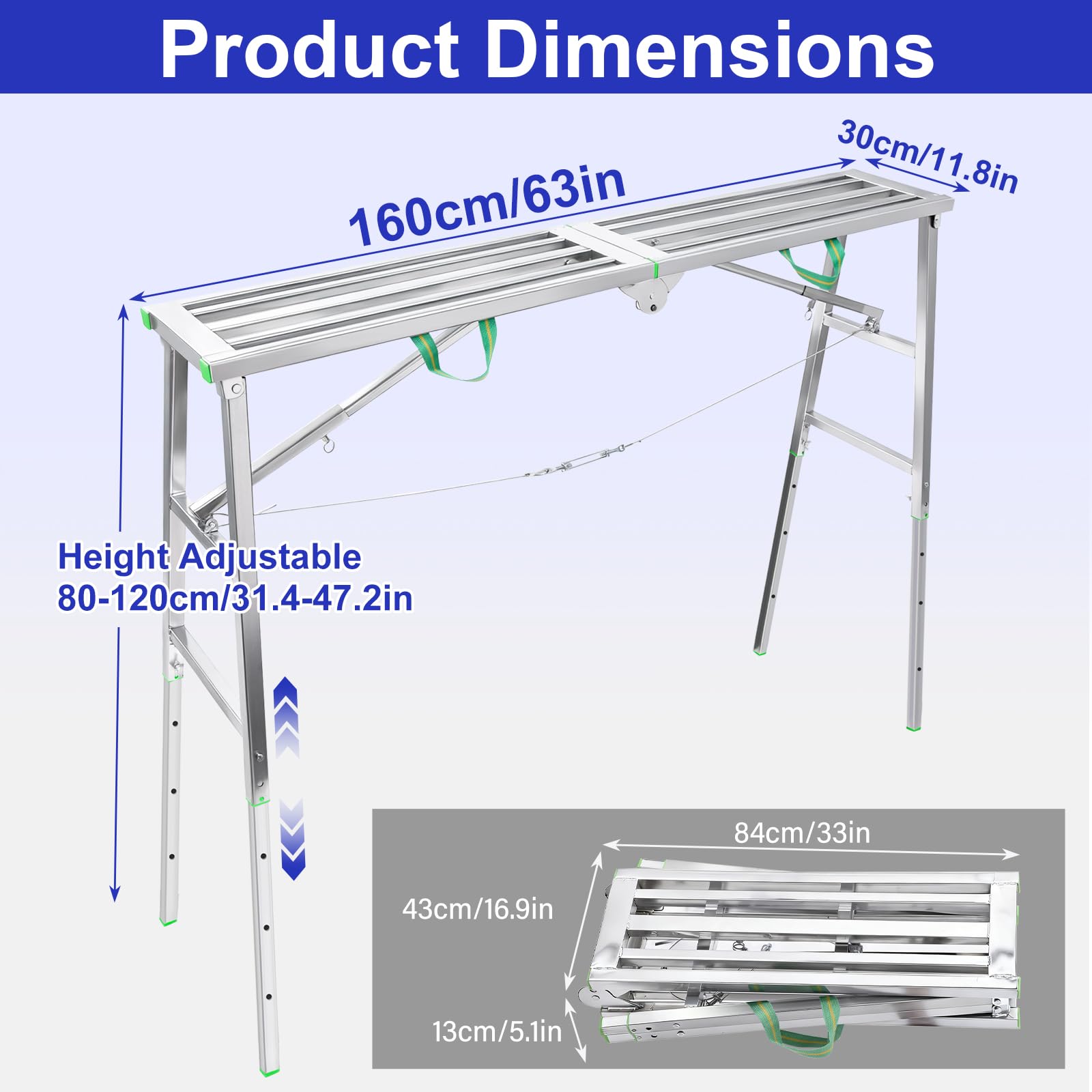 Plataforma de Trabajo Plegable y Ajustable, soporta 400 kg, Altura Regulable de 80 a 120 cm, Andamios de Aluminio galvanizado, Escalera Plegable para Paneles de Yeso, Ideal para Pintar