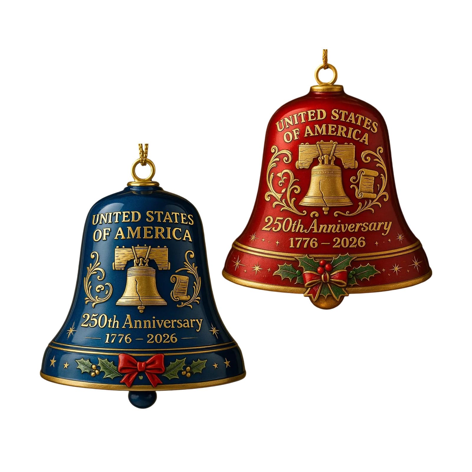 1776-2026 States 250th Anniversary Bells Ornament Christmas Bells with Commemorative Detailing Garden Home Decors Patriotic Holiday