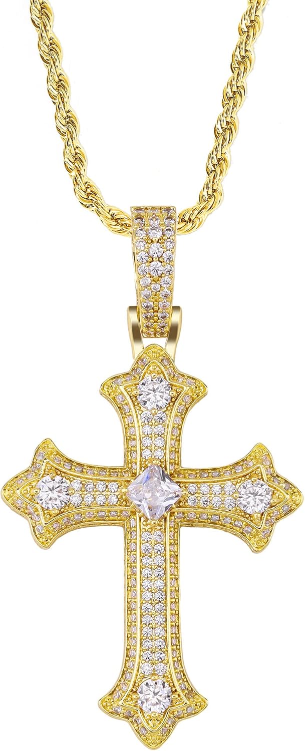 LuxeFlex Gothic Iced Out Diamond Jesus Cross Necklace with 20" Stainless Steel Rope Chain, 14K Gold Plated Pendant Religious Faith Cross Jewelry Gifts, Underground Hip-Hop Jewelry for Men Women