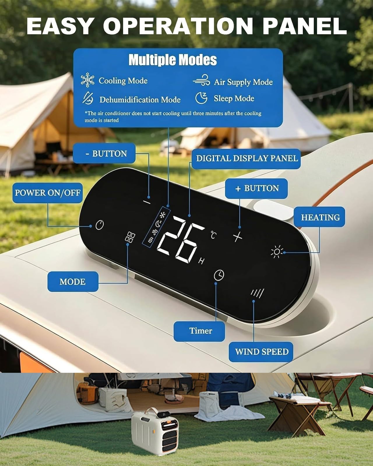 Aire Acondicionado con Compresor 4700 BTU, 4 Modos, Doble Tubo de Escape, Mando a Distancia para Camping y Dormitorios(Cooling DC 24V)