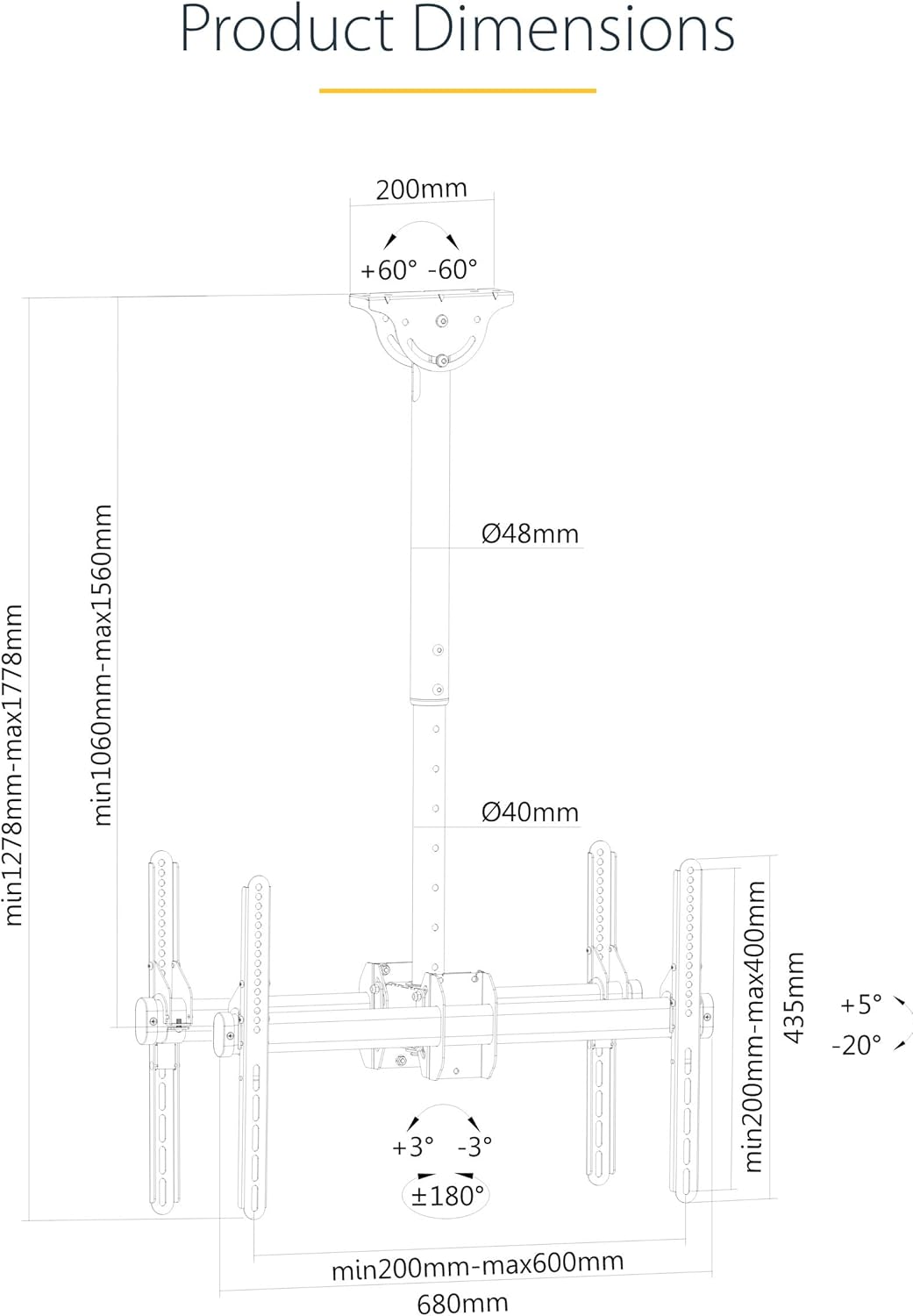 StarTech.com Dual TV Ceiling Mount, Hanging 2 Screen VESA Pole Mount for 32”-75" Displays - Height Adjustable Telescopic Pole