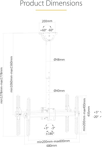 Miniatura 8 de StarTech.com Soporte de techo para TV doble, montaje en poste VESA de 2 pantallas para pantallas de 32 a 75 pulgadas, poste telescópico ajustable en