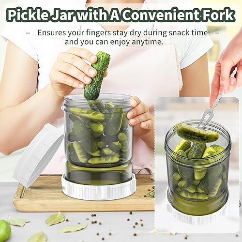 Miniatura 3 de Tarro de pepinillos, tarro de pepinillos de 50 onzas con colador, contenedor de pepinillos con tenedor de acero inoxidable y tapa a prueba de fugas,