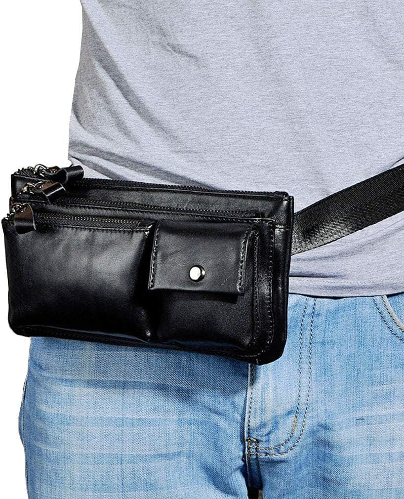KPYWZER Vintage Leather Waist Bag Fanny Pack for Men Women Hip Bum Bag Belt Slim Cell Phone Purse Wallet Vintage Retro Crossbody Sling Pouch Black