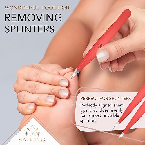 Miniatura 7 de Majestic Bombay Pinzas de punta fina + inclinadas para mujeres y hombres, garrapatas astilladas, depilación facial, cejas y encarnadas, afiladas,