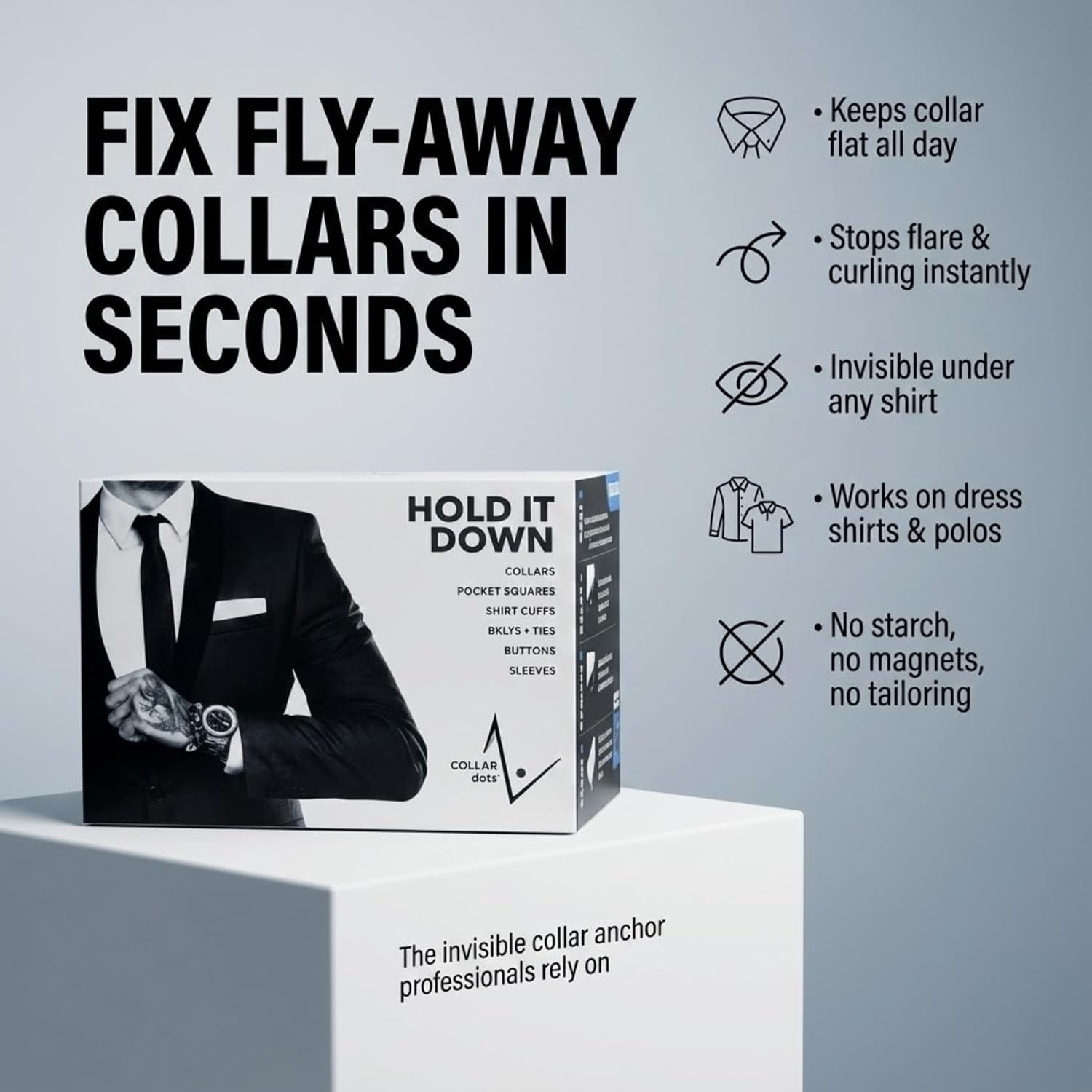 Collar Dots – Adhesive Collar Stays for Dress Shirts & Polos | Stop Floppy & Curling Collars | Easy Stick-On Stiffeners