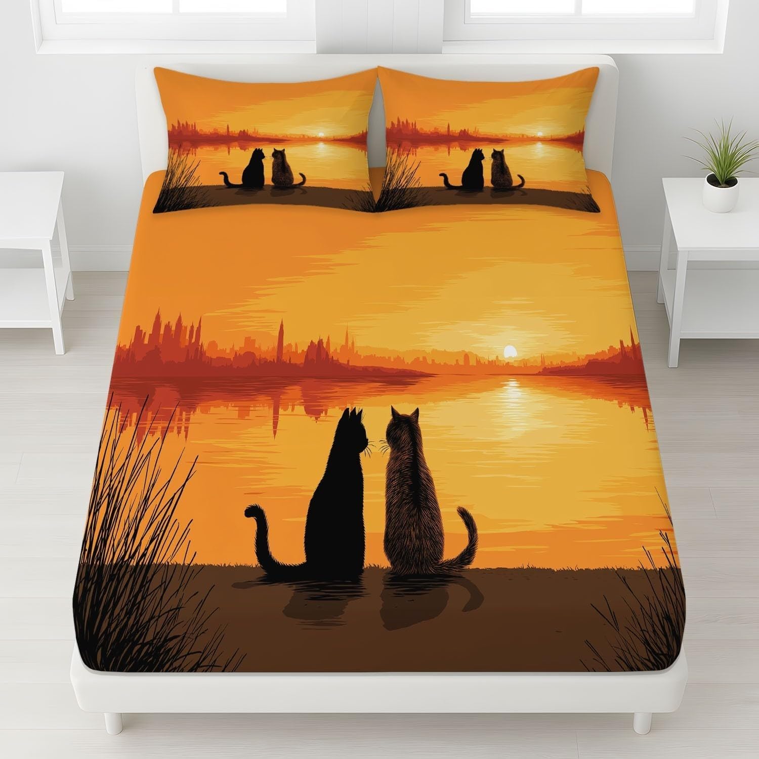 Sunset Scenery Fitted Sheet Cats Bed Sheets Deep Pocket 12 inch (30 cm) Soft Cozy 3 Piece Microfibre Bed Sheet 200x200 cm with 2 Pillowcases 50x75 cm