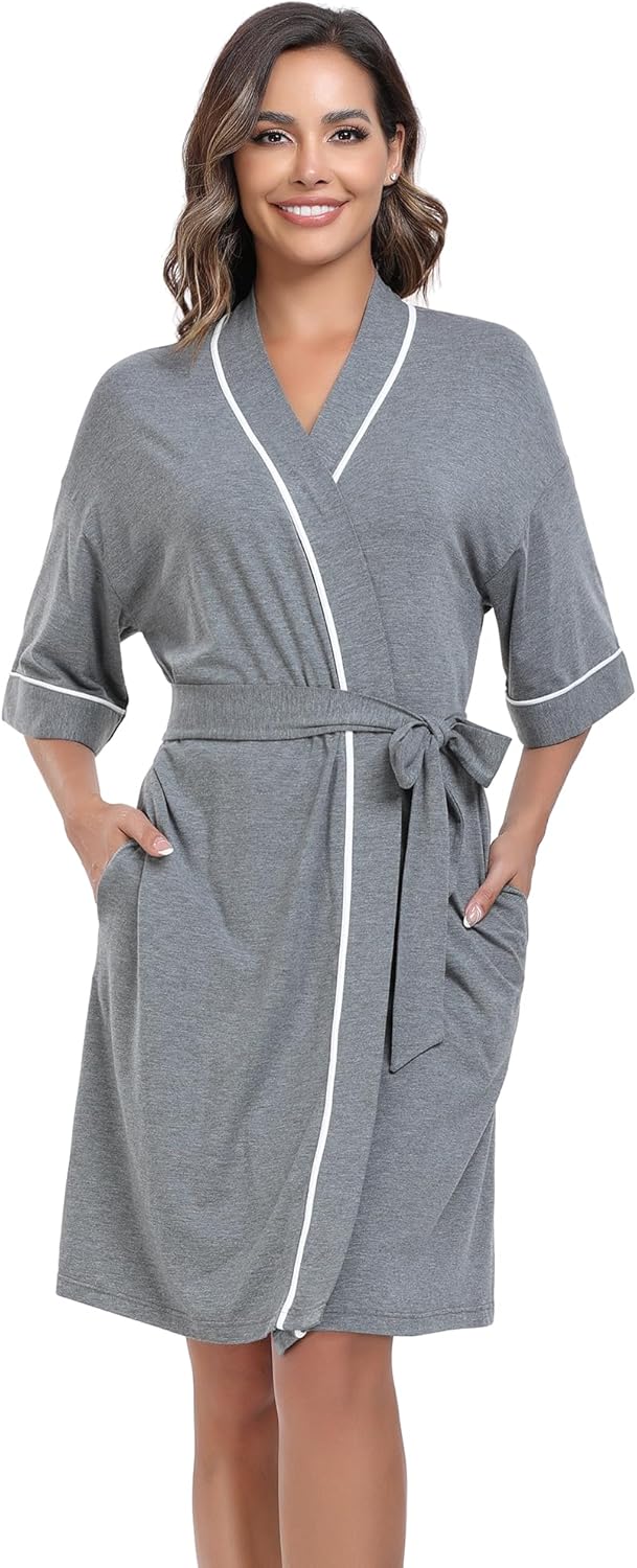 COLORFULLEAF Womens Bamboo Short Robes Lightweight Kimono Cotton Robe Soft Knit Bathrobe Ladies Loungewear with Pockets