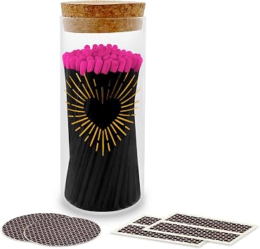 Decorative Matches in Gold Heart Foil Glass Jar | 4" Black Stick Pink Tip Long Matches 100 Match Sticks Cork Top Glass Holder + Striker Stickers | Gifts, Decor, for Candle by Thankful Greetings USA