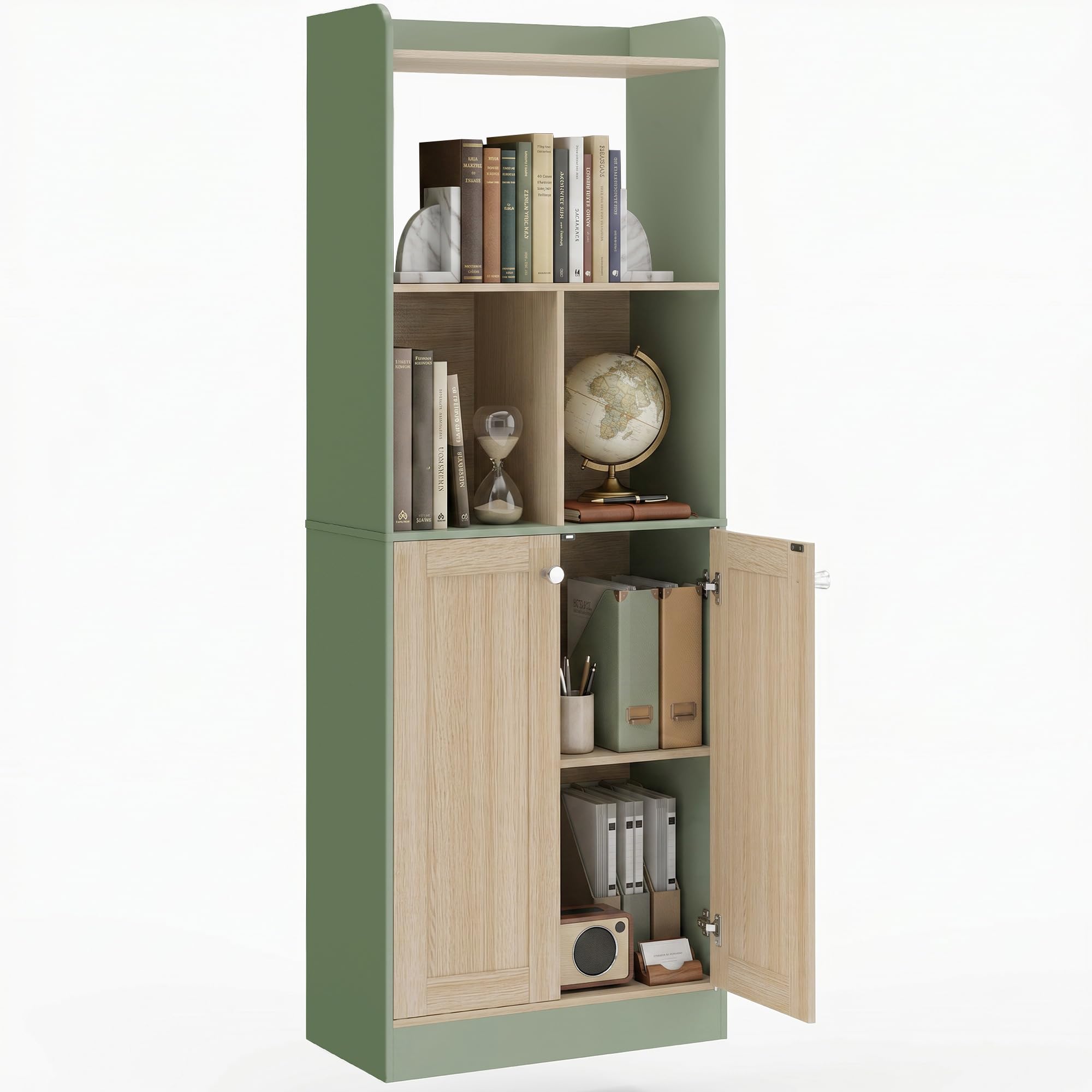 HOMCOM Libreria 5 Ripiani 2 Ante 60x30x161.2cm Verde Legno Naturale