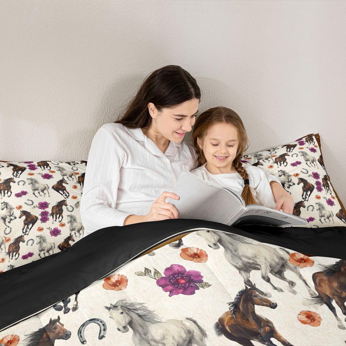 Erosebridal Horse Comforter Set Twin, Floral Bedding for Girls Boys Adults, Farmhouse Pink Orange Flowers Horseshoe Wild Animals Bedding Comforter Sets Brown Horses Bedroom Decor Lightweight Quilt