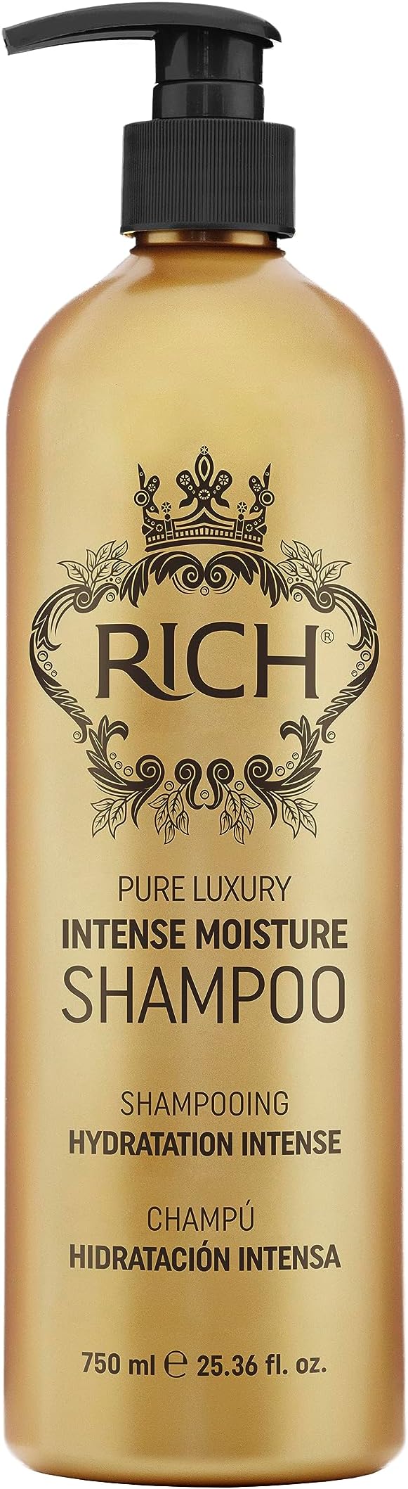 RICH Pure Luxury Intense Moisture Shampoo with Hydrolyzed Keratin and Wheat Protein for All Hair Types - Smoothing & Hydrating - Prevents Breakage, Heat Damage & Frizz (750ml)