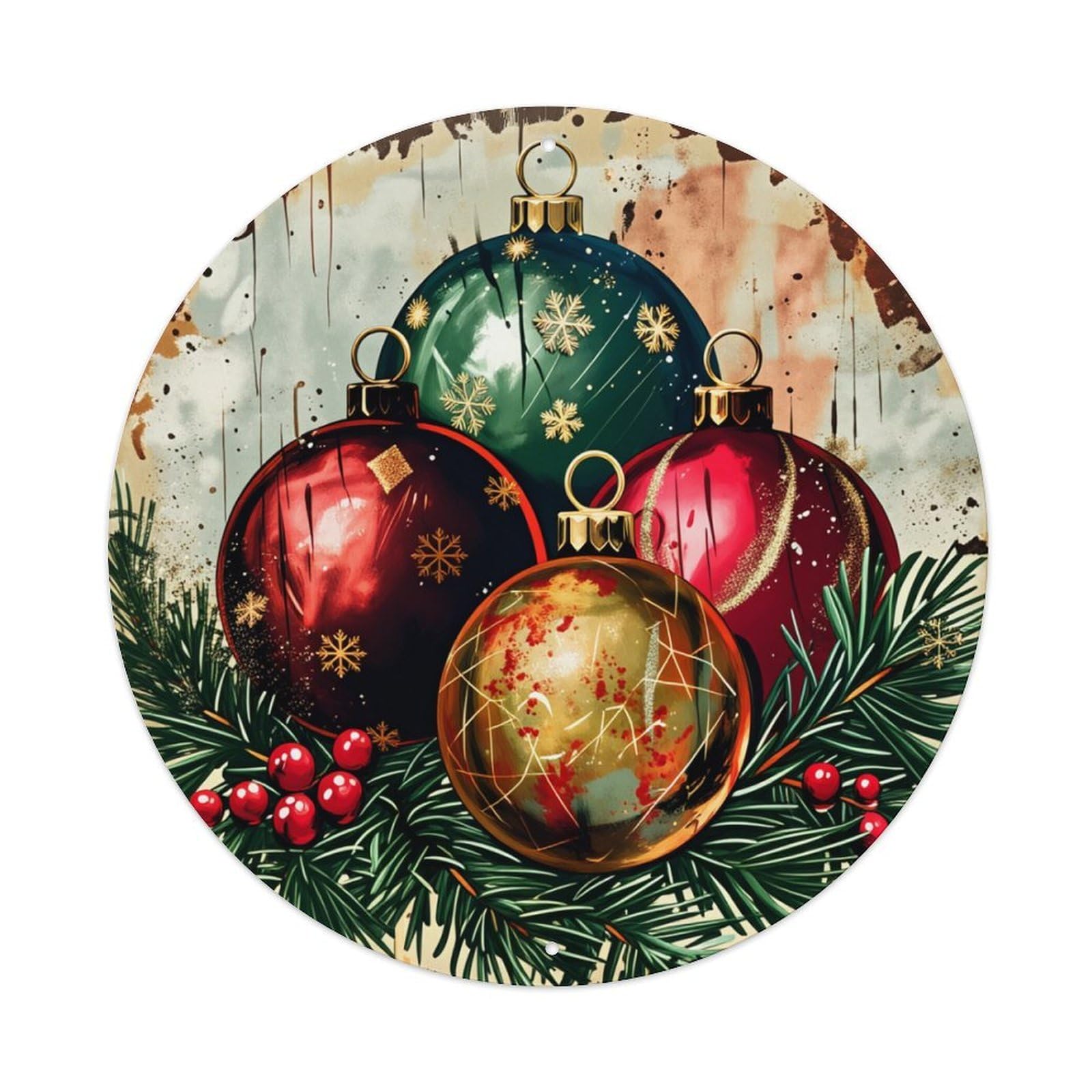 Christmas Ornaments Pine Branches Snowflakes Red Berries Round Tin Sign Retro Metal Sign for Cafe Bar Pub Home Game Room Gym Club Wall Decoration Vintage Metal Poster 8x8 Inch